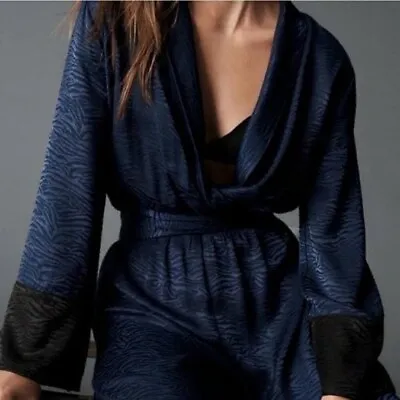 NWT Victoria's Secret Zebra Print Jumpsuit Loungewear Pajama Navy Blue Satin M • £38.55