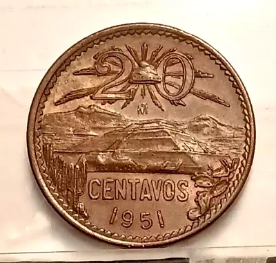 Mexico 1951 Mo 20 Centavos Uncirculated Condition Bronze KM#439 Key Date • $93.50