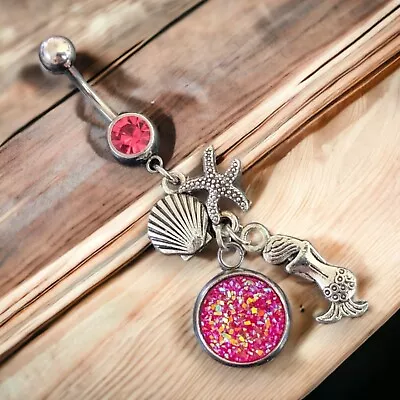 14g Pink Sparkle Dangle Mermaid Starfish Seashell Belly Ring B494 • $9.99