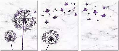 3 Piece Abstract Purple Dandelion With Butterflies Canvas Wall Art • $23.99