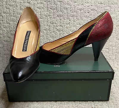 VTG Maud Frizon Red Black Yellow Leather Pumps 9 Box Shoes Heels Snake Embossed • $21.33