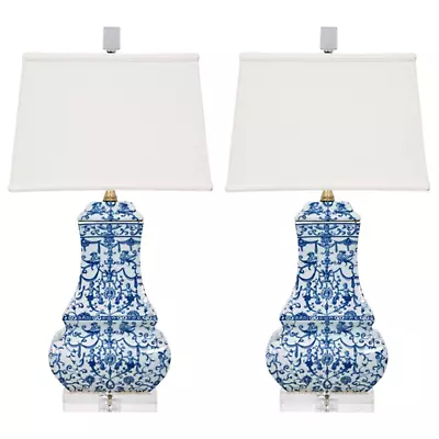 Pair Of Blue & White Floral Porcelain Table Lamps With Crystal Base 24  H • $480