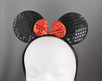 Black Sequin Minnie Mouse Ears Headband Ear Hair Band Costume Mickey Sparkly • $5.98