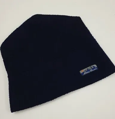 Vintage 80s 90s Eddie Bauer Navy Blue Fleece Beanie Hat Outdoor Logo USA Made • $16.99