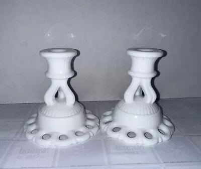 2 PC Vintage Pair Westmoreland 1950s Milk Glass Doric Lace Candlestick Holders • $22