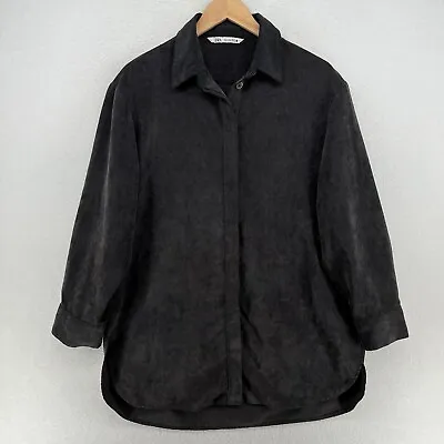 ZARA Shirt M Corduroy Fine Cord Oversized Button Up Hi-Low Hem Long Sleeve Black • $23.99