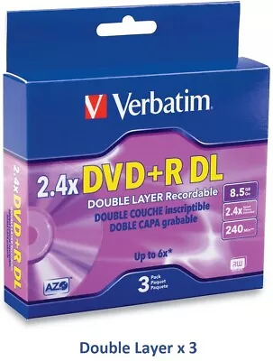 VERBATIM   DVD+R  Recordable 8.5GB  240Min 2.4x  Double Layer Recordable  Pack 3 • $9.90