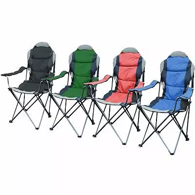 Padded Folding Camping Deluxe Fold Chairs High Back With Cup Holder & Carry Bag • £21.95