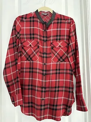 Vince Women Plaid Long Sleeve Button Shirt Leather Collar Red Size 4 Small • $8