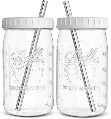 24 Oz Ball Mason Jar Mug Glass Water Bottle Top Reusable Drinking W/ STRAW • $24.99