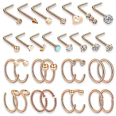 31PCS Surgical Steel Rose Gold CZ L-Shaped Nose Studs Hoop Rings Screw Piercing • $13.99