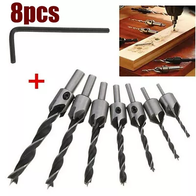 8Pcs Wood 5 Flute HSS Countersink Drill Bit Set 3 4 5 6 7 8 10mm Carpentry Tool • £5.09