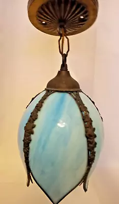 Vintage Slag Glass Tulip Pendant Swag Light Fixture Turquoise • $149