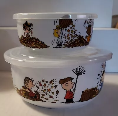 Snoopy Peanuts Vent Lid Ceramic Bowls FALL LEAVES - Set Of 2 - NEW Small & Large • $39.99