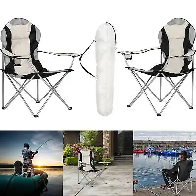 Set Of 2 Padded Folding Camping Chairs High Back With Cup Holder & Carry Bag • £39.95