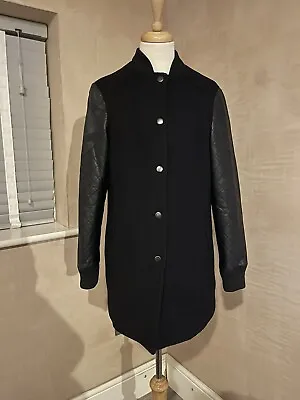 Covent Garden Coat Jacket Leather Sleeves Black Size UK12 Warm Wool Blend • £20