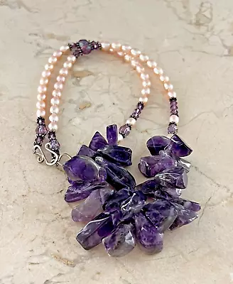 Vintage Chunky Amethyst Freeform Nugget & Genuine Pearl Sterling 925 Necklace • $34