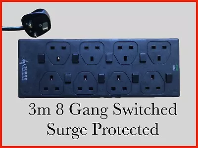 Black 3m 8 Gang Extension Lead Switched And Surge Protected • £18.49