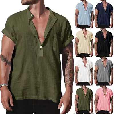 Mens Cotton Linen T Shirt Short Sleeve Loose Fit Button Casual Summer Beach Tops • £10.49