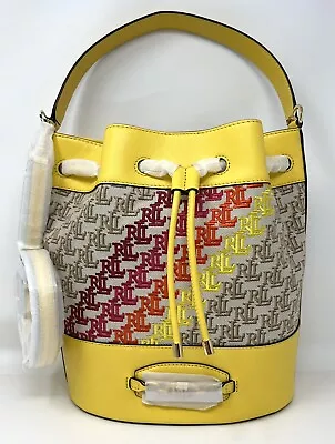 Lauren Ralph Lauren Andie Jacquard Monogram Drawstring Bucket Bag Yellow Multi • $260.26