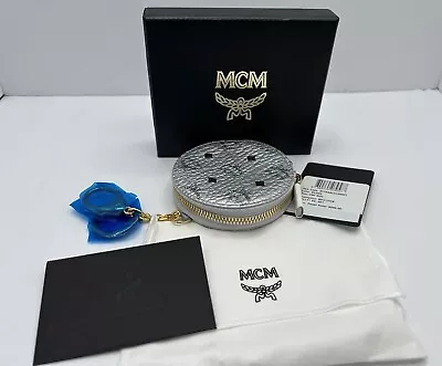 NWT MCM Silver Round Leather Coin Pouch   Key Bag Charm • $125