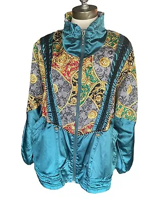 RE SPORT 1980s Womens 1X Teal Versace Style Full Zip Vintage Bomber Jacket • $22.40