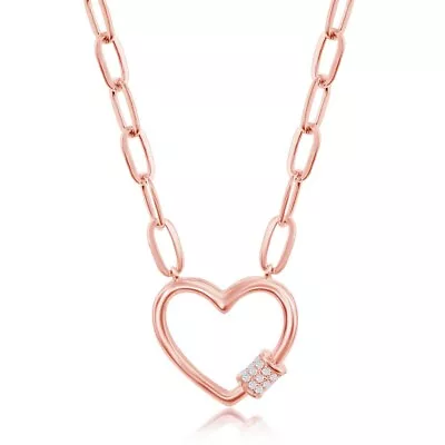 Micro Pave CZ Carabiner Heart Necklace With Paperclip Chain Rose Gold • $96