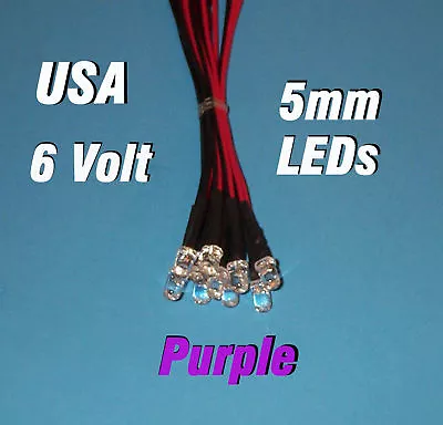 10 X LED - 5mm PRE WIRED LEDS 6 VOLT PURPLE 6V DC USA   • $5.99