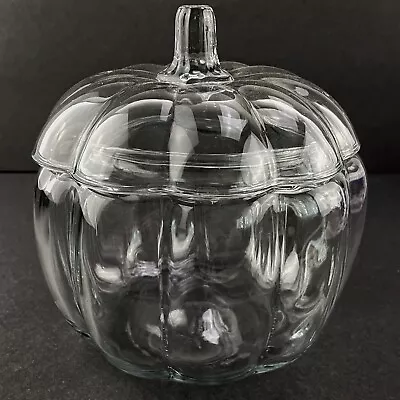 Clear Glass Pumpkin Canister Cookie Jar Anchor Hocking Thanksgiving Halloween • $25.49