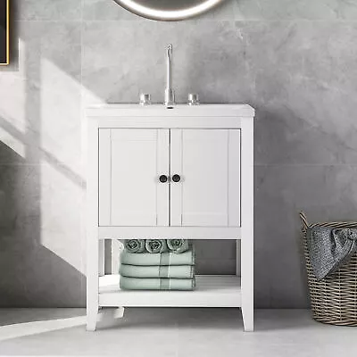 24 White Modern Bathroom Vanity Elegant Ceramic Sink With Frame Open Style Shelf • $300.41