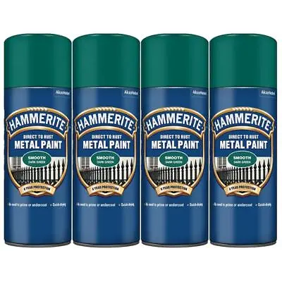 4x Hammerite Direct To Rust Smooth Dark Green Aerosol Fast Dry Spray Paint 400ml • £42.99