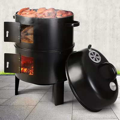 3 In 1 Smoker Charcoal Grill Thermometer Outdoor Barbecue Meat Food Cooking Oven • £42.99