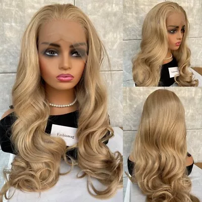 Long Natural Wavy Lace Front Human Hair Blend Heat Ok Wig Blonde Mix For Women • $52.19