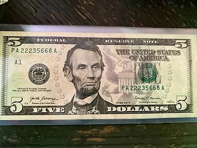 2017A DOUBLE TRIPLE SERIAL NUMBER Fancy Serial Number Note $5 FIVE Dollar Bill • $17.50