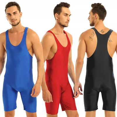 Mens Sleeveless Solid Wrestling Singlet Tight Vest Bodysuit Sportwear Top Romper • £9.59