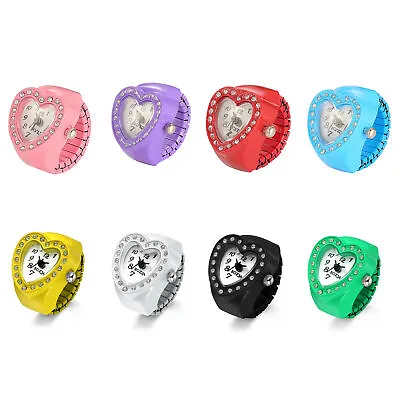 Men Women Heart Rhinestone Finger Ring Watches Elastic Band Quartz Analog Watch • $22.99