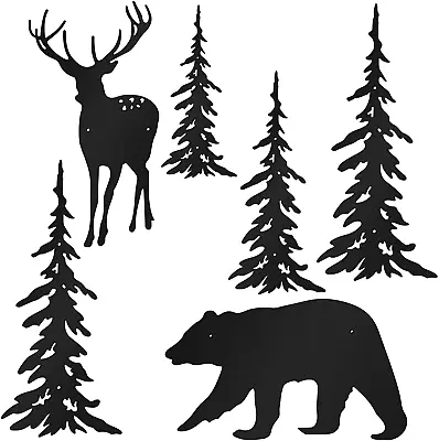 6 Pieces Metal Wall Art Deer Bear Pine Tree Wall Decor Hanging Forest Decor Rust • $50.45