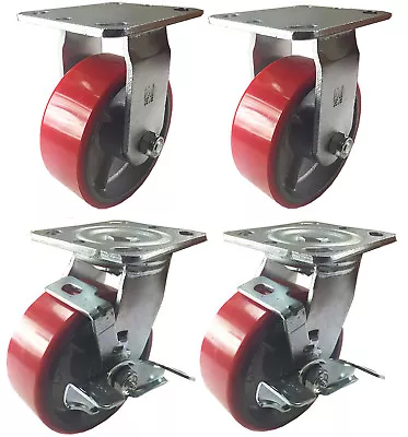 4 Heavy Duty Caster Set 4  5  6  Polyurethane On Cast Iron Wheels No Mark Red • $77.69