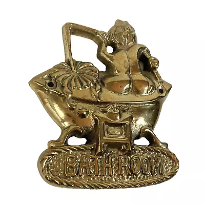 Vintage Sturdy Brass Bathroom Door Sign - Boy Fishing In Bath Tub? • $9.99