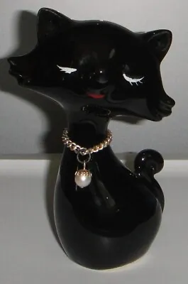 MCM Black Cat Figurine With Chain & Pearl Collar Necklace - Mid Century Mod Fab! • $20