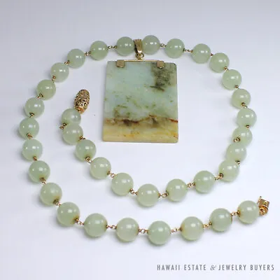 Mings Hawaii 1950 Green Jade Beach 14ky Gold Necklace And Large Mottled Pendant  • $5000