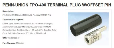 Penn Union - TPO400 Terminal Plug With Offset Pin (Pack Of 1) • $20