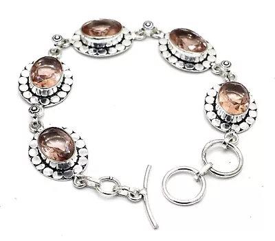 925 Sterling Silver Morganite Gemstone Handmade Jewelry Bracelet Size-7-8 • $9.44