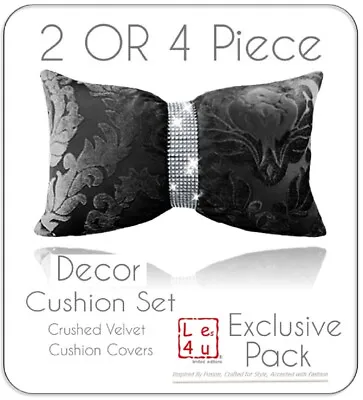 Black Crushed Velvet Cushion Cover Set Of 2 OR 4 Damask Boudoir Styled Bow Case • £11.74
