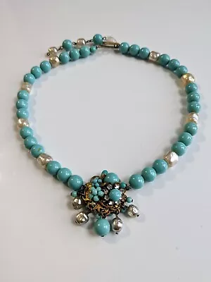 Early Rare Vintage Miriam Haskell Faux Turquoise Faux Pearl Unsigned Necklace • $249