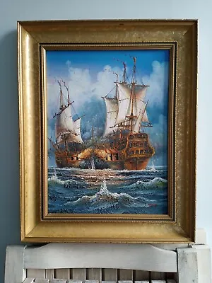 Original Oil Painting On Canvas Galleon Battleships Fight For Glory - Signed  • £219