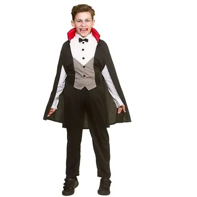 Childs Bloodthirsty Vampire Dracula Halloween Fancy Dress Costume Black Cape • £10.79