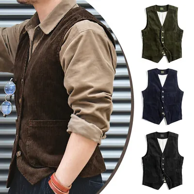 Mens Corduroy Blazer Waistcoat Vest Coat Sleeveless Jackets Bussiness Vest Solid • $24.47