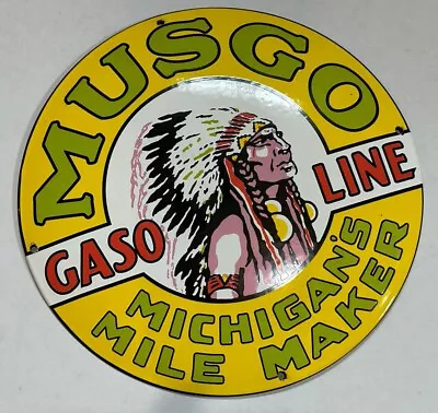 Vintage Style Musgo Mile Maker Michigan Heavy Convex Button Porcelain Gas Sign • $79