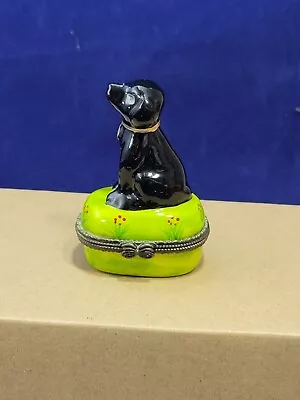 Black Labrador Sitting On Hand Painted Trinket Box ~ Vintage  • $9.50